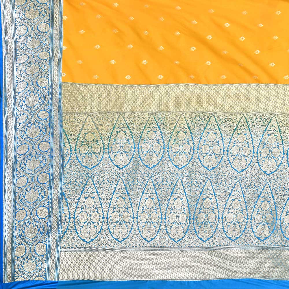 Yellow - Blue Banarasi Handloom Saree with Contrast Border