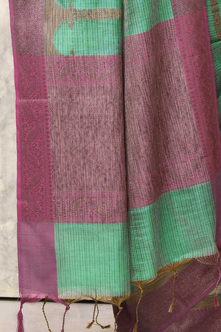 Sea Green Pure Cotton Silk Banarasi Handloom Saree With Contrast Pink Border