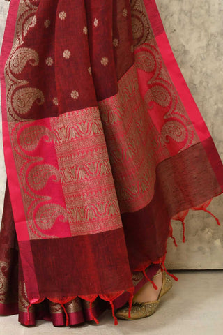 Deep Maroon Cotton Linen Banarasi Handloom Saree