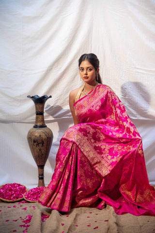 Light And Dark Pink Mushru Satin Banarasi Handloom Saree With Meenakari