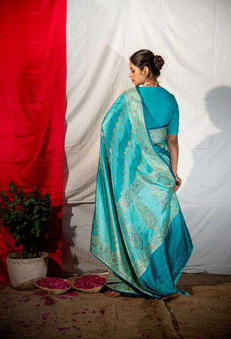 Handloom Light And Dark Blue Mushru Satin Banarasi Saree With Adda Tanchoi Meenakari