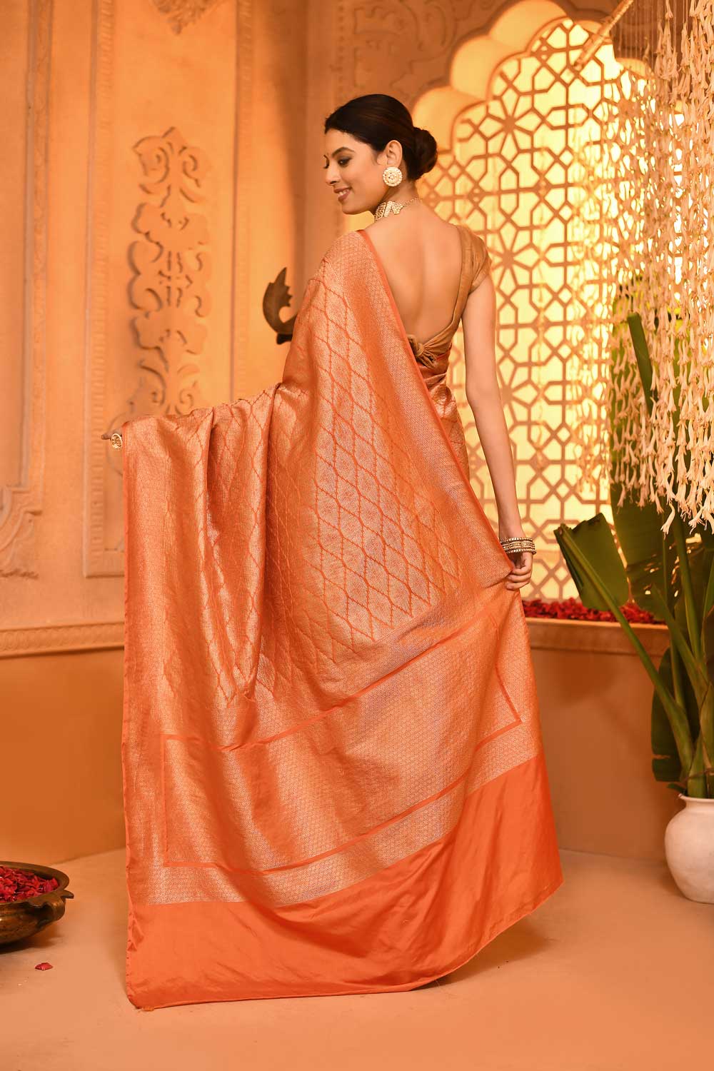 Orange Mushru Satin 'brocade' Banarasi Handloom Saree