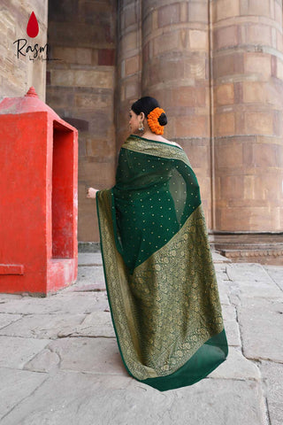 Bottle Green Pure Khaddi Georgette Silk Banarasi Handloom Saree With Antique Booti