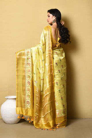 Yellow Pure Resham Dupion Silk Banarasi Handloom Saree With Meenakari Boota And Border