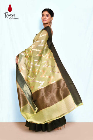 Pure Kora Organza Banarasi Handloom Silk Saree With Modern Contemporary Body Handwoven In Ropa And Sona Zari