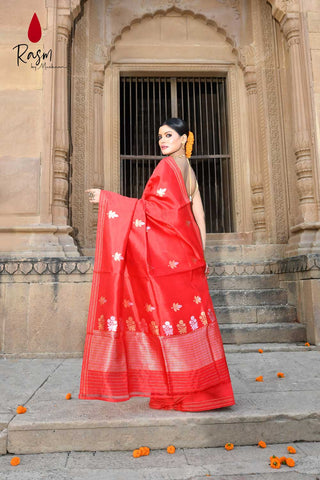 Red Pure Katan Silk Silk Banarasi Handloom Saree