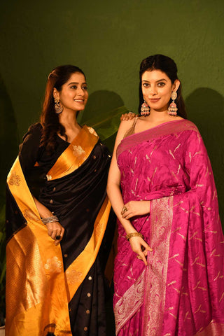Black Pure Katan Silk Silk Banarasi Handloom Saree With Contrast Kadhua Border