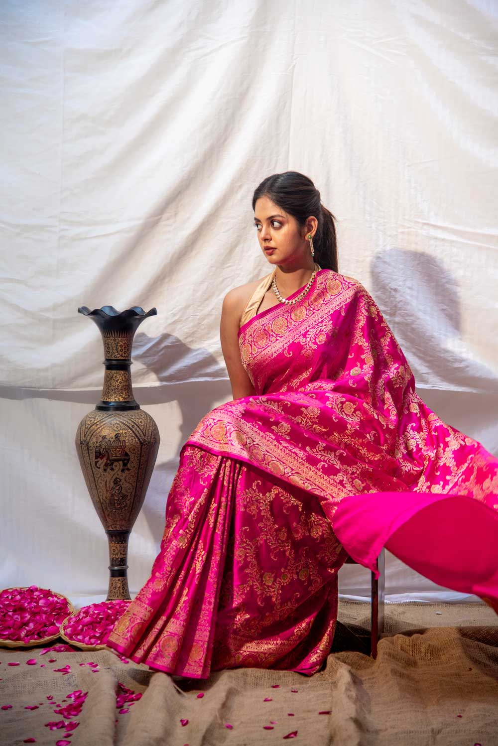Rani Pink Mushru Satin Banarasi Handloom Saree With Meenakari Jaal