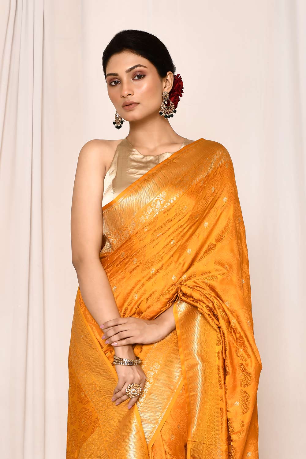 Mustard Semi Katan Mushru Satin Banarasi Tanchoi Handloom Saree