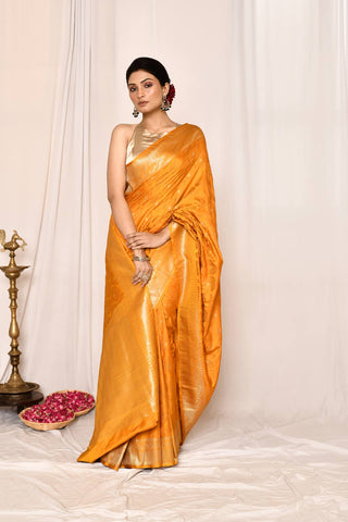 Mustard Semi Katan Mushru Satin Banarasi Tanchoi Handloom Saree