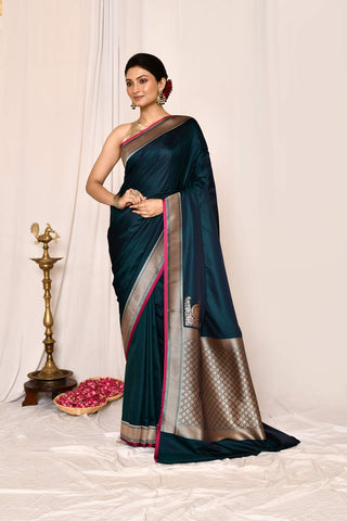 Peacock Green Semi Katan Mushru Satin Banarasi Handloom Saree