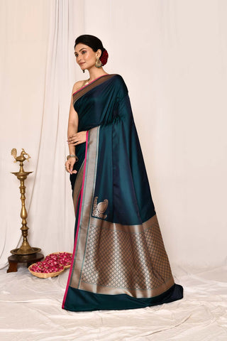 Peacock Green Semi Katan Mushru Satin Banarasi Handloom Saree