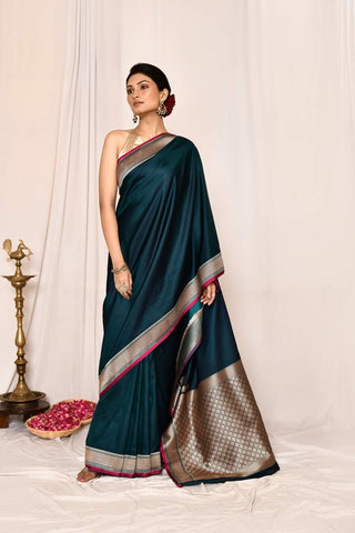 Peacock Green Semi Katan Mushru Satin Banarasi Handloom Saree