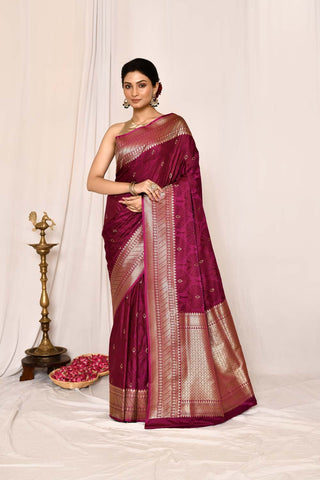 Magenta Purple Semi Katan Mushru Satin Banarasi Handloom Saree