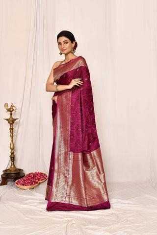 Magenta Purple Semi Katan Mushru Satin Banarasi Handloom Saree