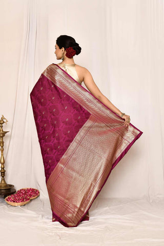 Magenta Purple Semi Katan Mushru Satin Banarasi Handloom Saree