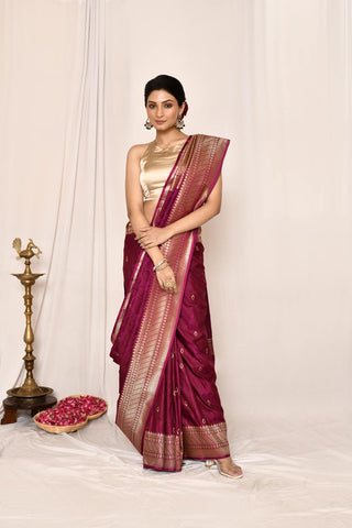 Magenta Purple Semi Katan Mushru Satin Banarasi Handloom Saree