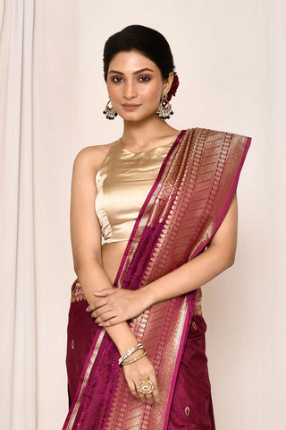 Magenta Purple Semi Katan Mushru Satin Banarasi Handloom Saree