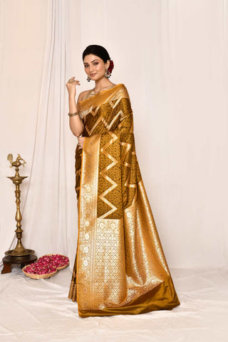 Mustard-Green Semi Katan Mushru Satin  Banarasi Handloom Saree