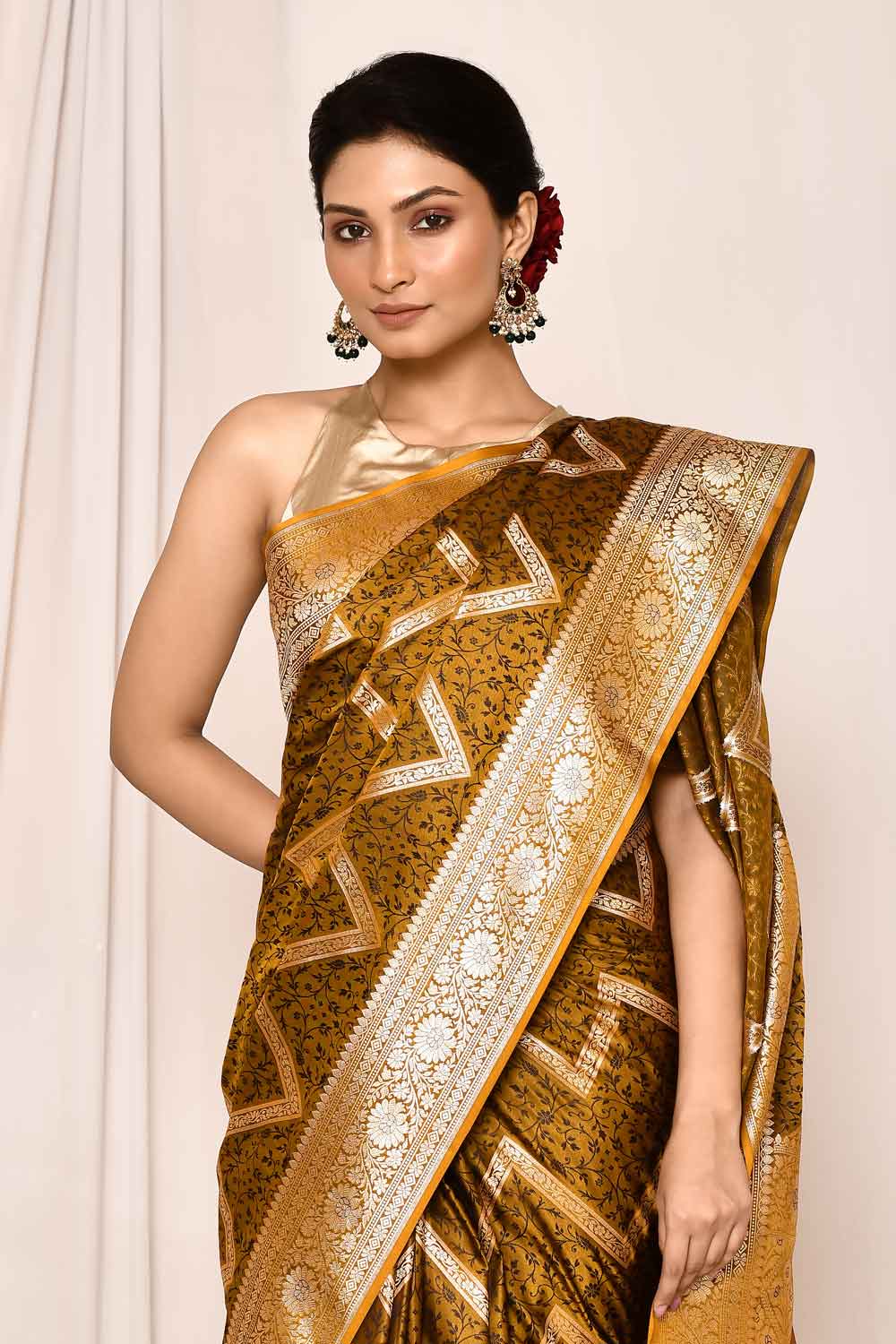 Mustard-Green Semi Katan Mushru Satin  Banarasi Handloom Saree