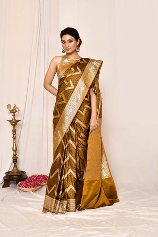 Mustard-Green Semi Katan Mushru Satin  Banarasi Handloom Saree