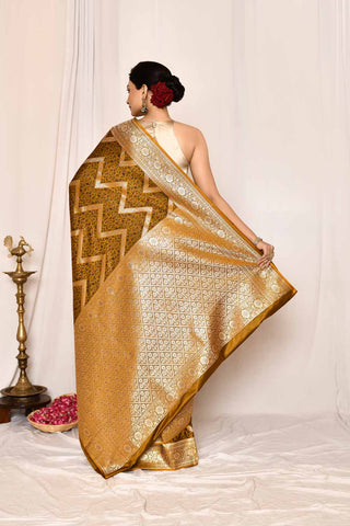 Mustard-Green Semi Katan Mushru Satin  Banarasi Handloom Saree