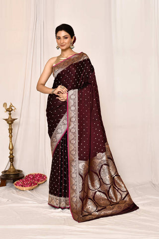 Cranberry Maroon Semi Katan Mushru Satin  Banarasi Handloom Saree