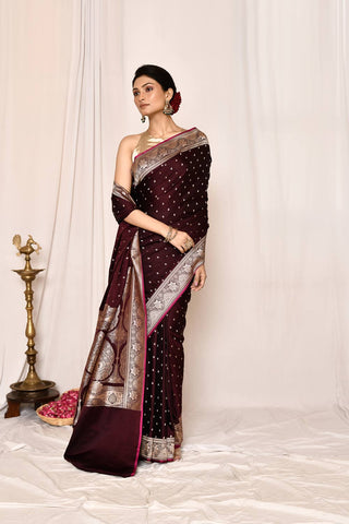 Cranberry Maroon Semi Katan Mushru Satin  Banarasi Handloom Saree