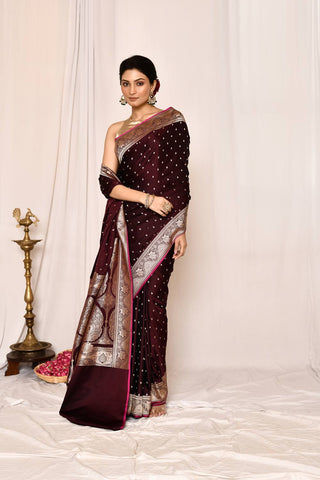 Cranberry Maroon Semi Katan Mushru Satin  Banarasi Handloom Saree