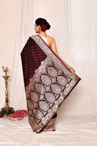 Cranberry Maroon Semi Katan Mushru Satin  Banarasi Handloom Saree