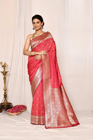 Peach -Pink Semi Katan Mushru Satin Banarasi Handloom Saree