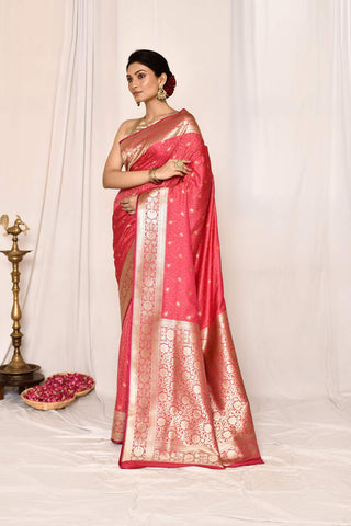 Peach -Pink Semi Katan Mushru Satin Banarasi Handloom Saree