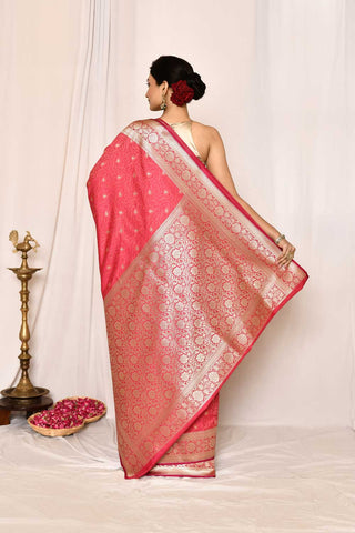 Peach -Pink Semi Katan Mushru Satin Banarasi Handloom Saree