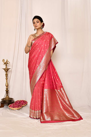 Peach -Pink Semi Katan Mushru Satin Banarasi Handloom Saree