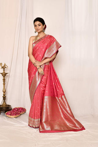 Peach -Pink Semi Katan Mushru Satin Banarasi Handloom Saree