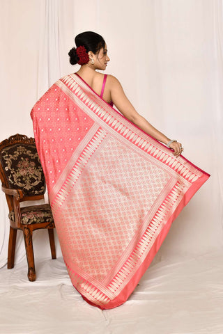 Pink -Peach Semi Katan Mushru Satin Banarasi Handloom Saree