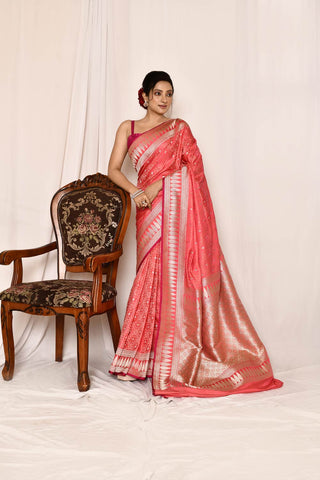 Pink -Peach Semi Katan Mushru Satin Banarasi Handloom Saree