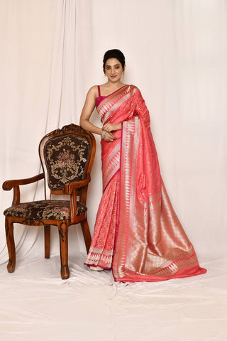 Pink -Peach Semi Katan Mushru Satin Banarasi Handloom Saree