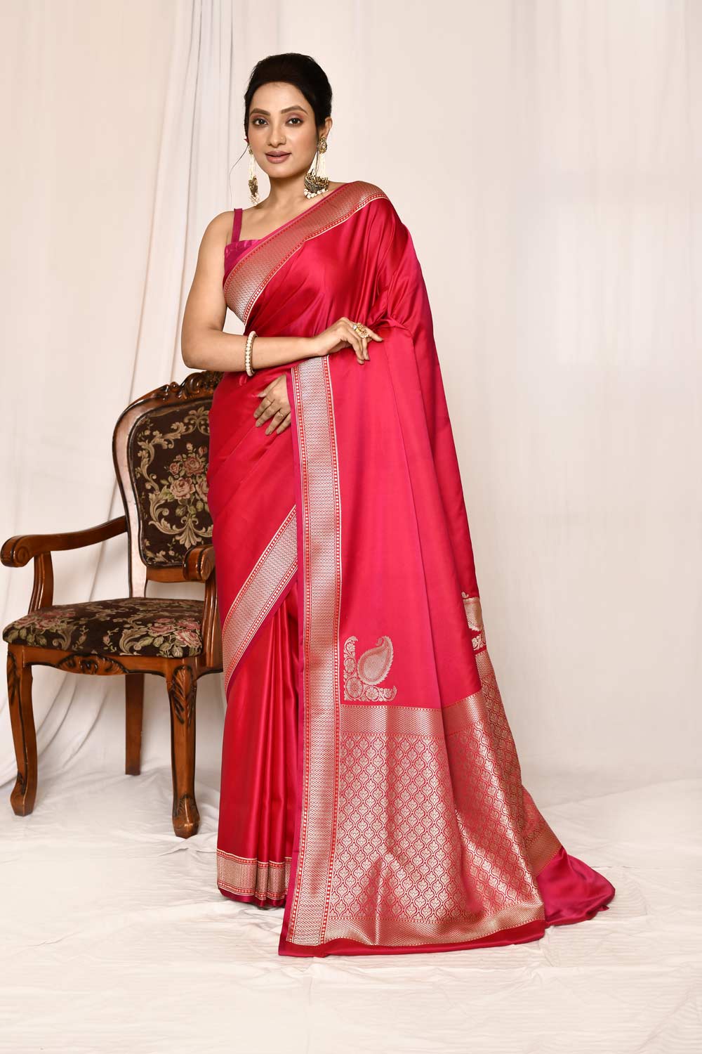 Bright Pink Semi Katan Mushru Satin Banarasi Handloom Saree