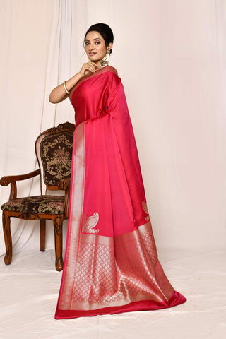 Bright Pink Semi Katan Mushru Satin Banarasi Handloom Saree