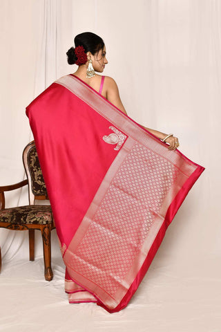 Bright Pink Semi Katan Mushru Satin Banarasi Handloom Saree