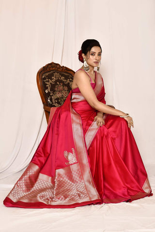 Bright Pink Semi Katan Mushru Satin Banarasi Handloom Saree