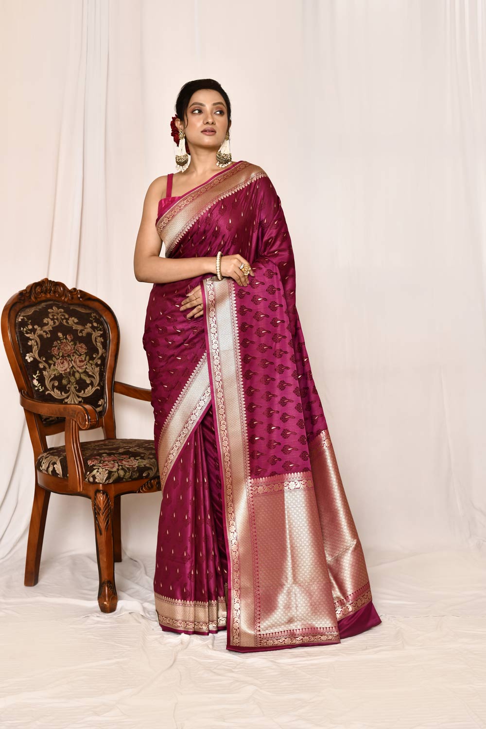 Magenta Purple Semi Katan Mushru Satin Banarasi Handloom Saree