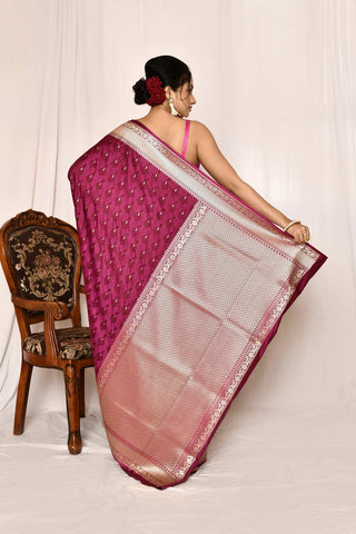 Magenta Purple Semi Katan Mushru Satin Banarasi Handloom Saree