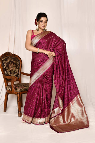 Magenta Purple Semi Katan Mushru Satin Banarasi Handloom Saree