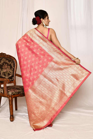 Peach-Pink Semi katan Mushru Satin Banarasi Handloom Saree