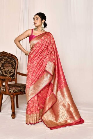 Peach-Pink Semi katan Mushru Satin Banarasi Handloom Saree