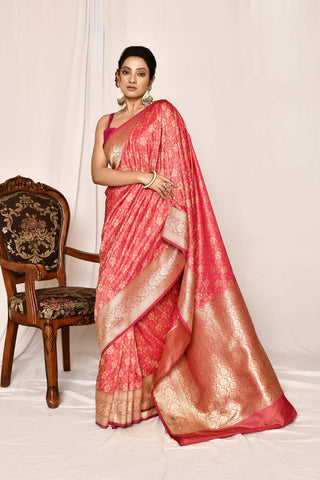 Peach-Pink Semi katan Mushru Satin Banarasi Handloom Saree