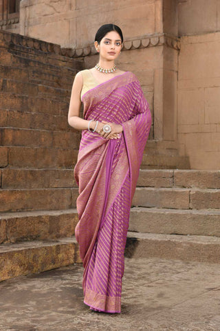 Lilac Pink Pure Crepe Georgette Banarasi Handloom Silk Saree