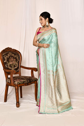 Pastel Mint Semi katan Mushru Satin Banarasi Handloom Saree